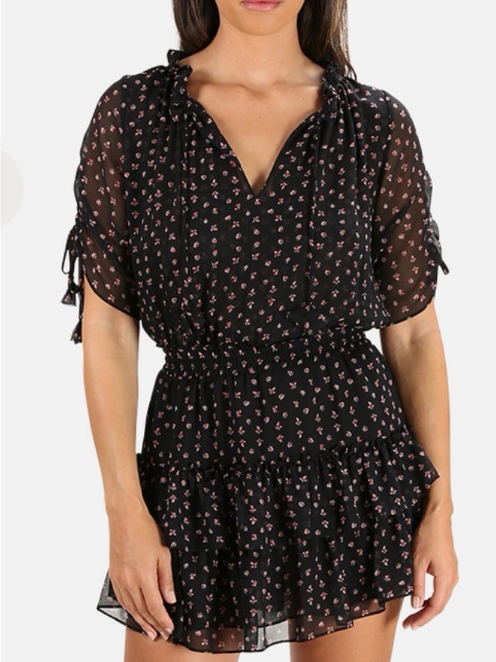 Misa Los Angeles Becca Black Mini Dress Pink Floral Print Ruffle Chiffon Small S